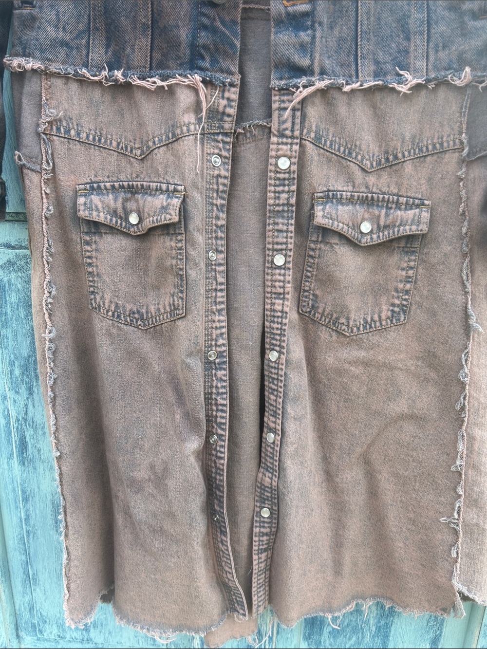 Upcycled post apocalyptic zombie apocalypse tattered patched denim jean jacket - Picture 6 of 11